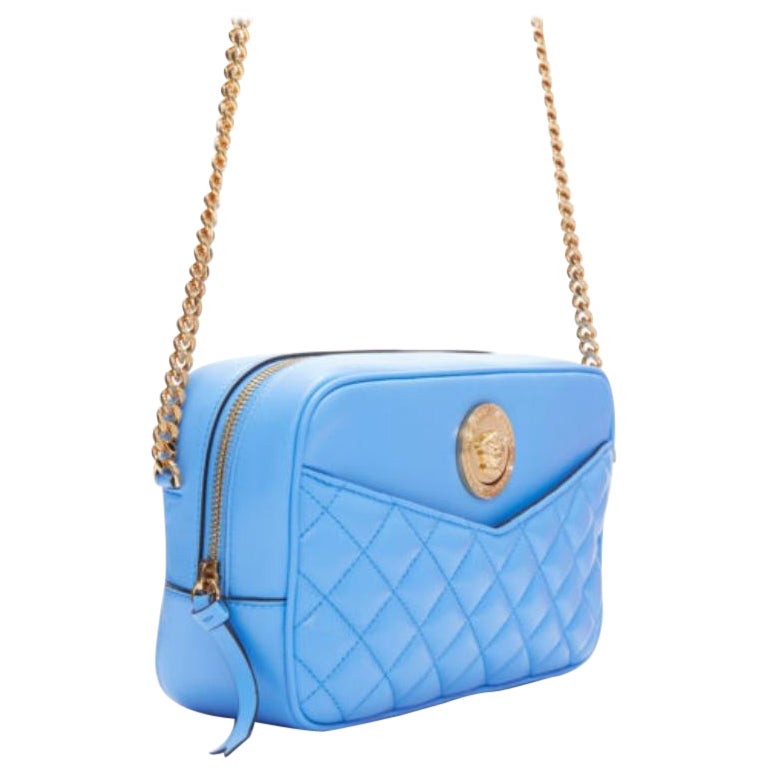 VERSACE blue lambskin leather quilted gold Medusa chain crossbody bag Medium