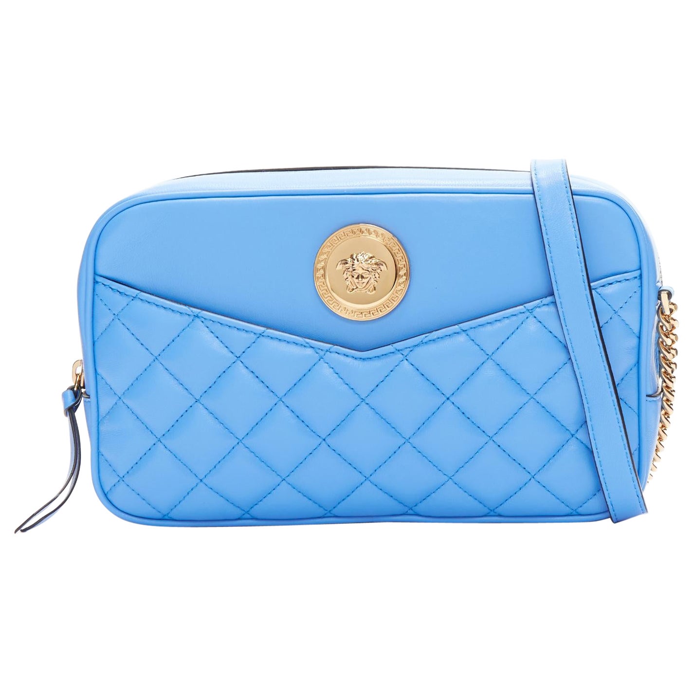 VERSACE blue lambskin leather quilted gold Medusa chain crossbody bag Medium