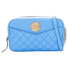 VERSACE blue lambskin leather quilted gold Medusa chain crossbody bag Medium