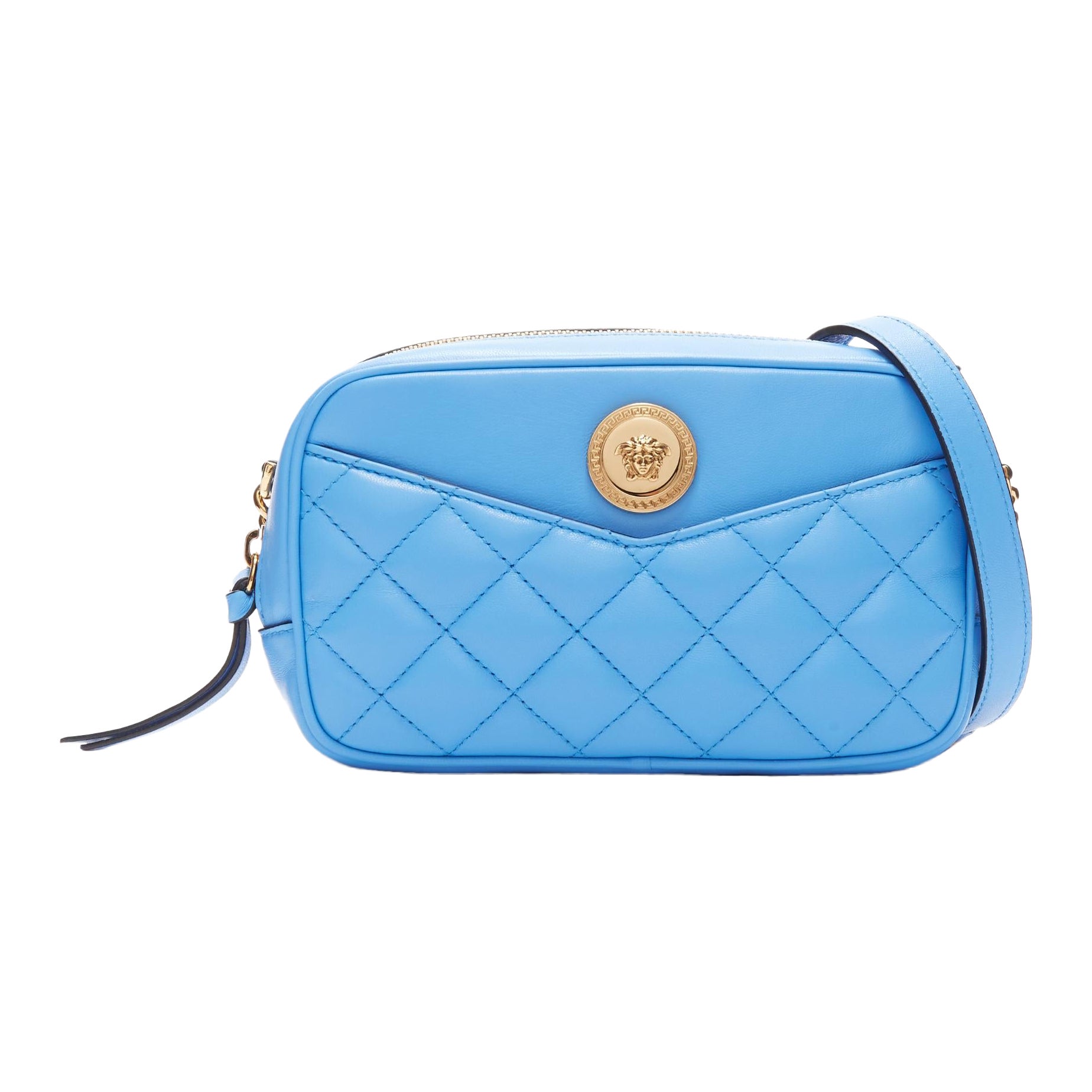 VERSACE blue lambskin leather quilted gold Medusa chain crossbody bag Small