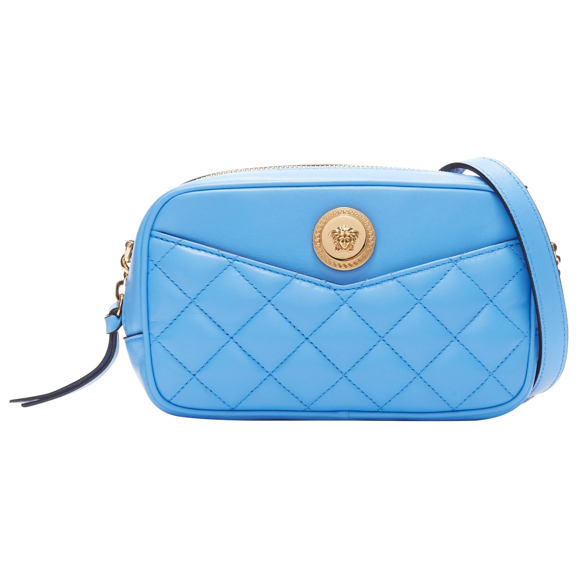 VERSACE blue lambskin leather quilted gold Medusa chain crossbody bag Small