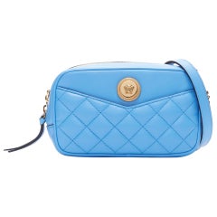 VERSACE blue lambskin leather quilted gold Medusa chain crossbody bag Small