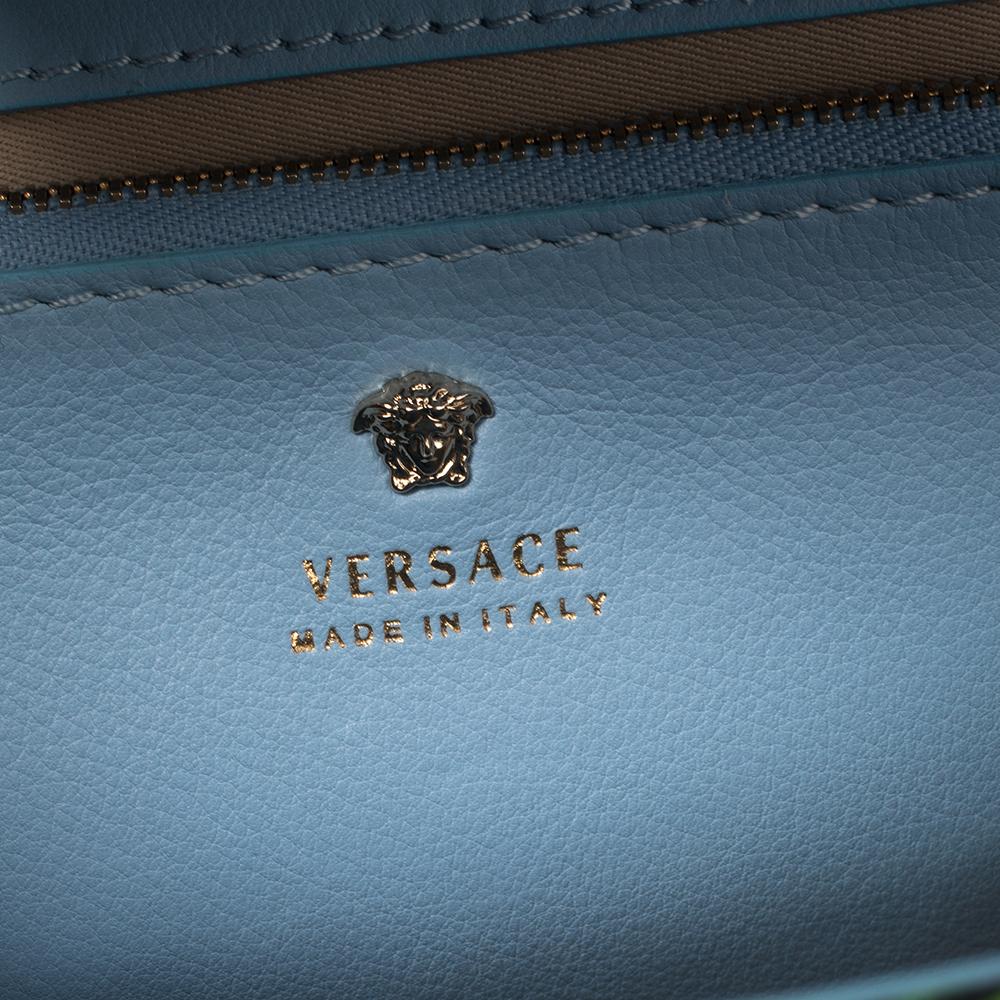Versace Blue Leather And Desert Palm Print Fabric Palazzo Empire Satchel 6