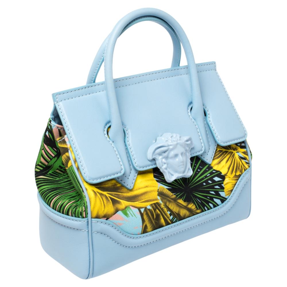 Women's Versace Blue Leather And Desert Palm Print Fabric Palazzo Empire Satchel