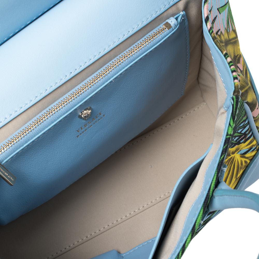 Versace Blue Leather And Desert Palm Print Fabric Palazzo Empire Satchel 2