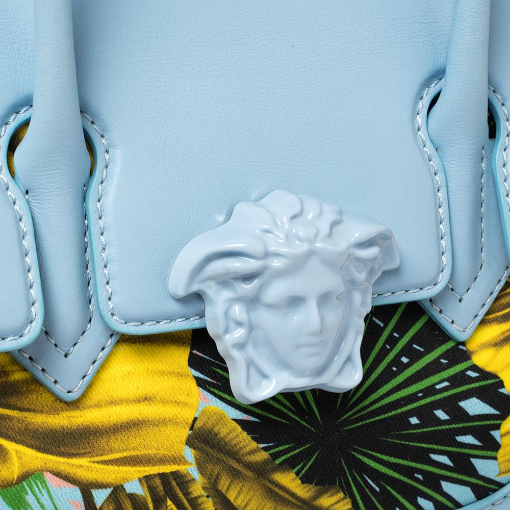 Versace Blue Leather And Desert Palm Print Fabric Palazzo Empire Satchel 3