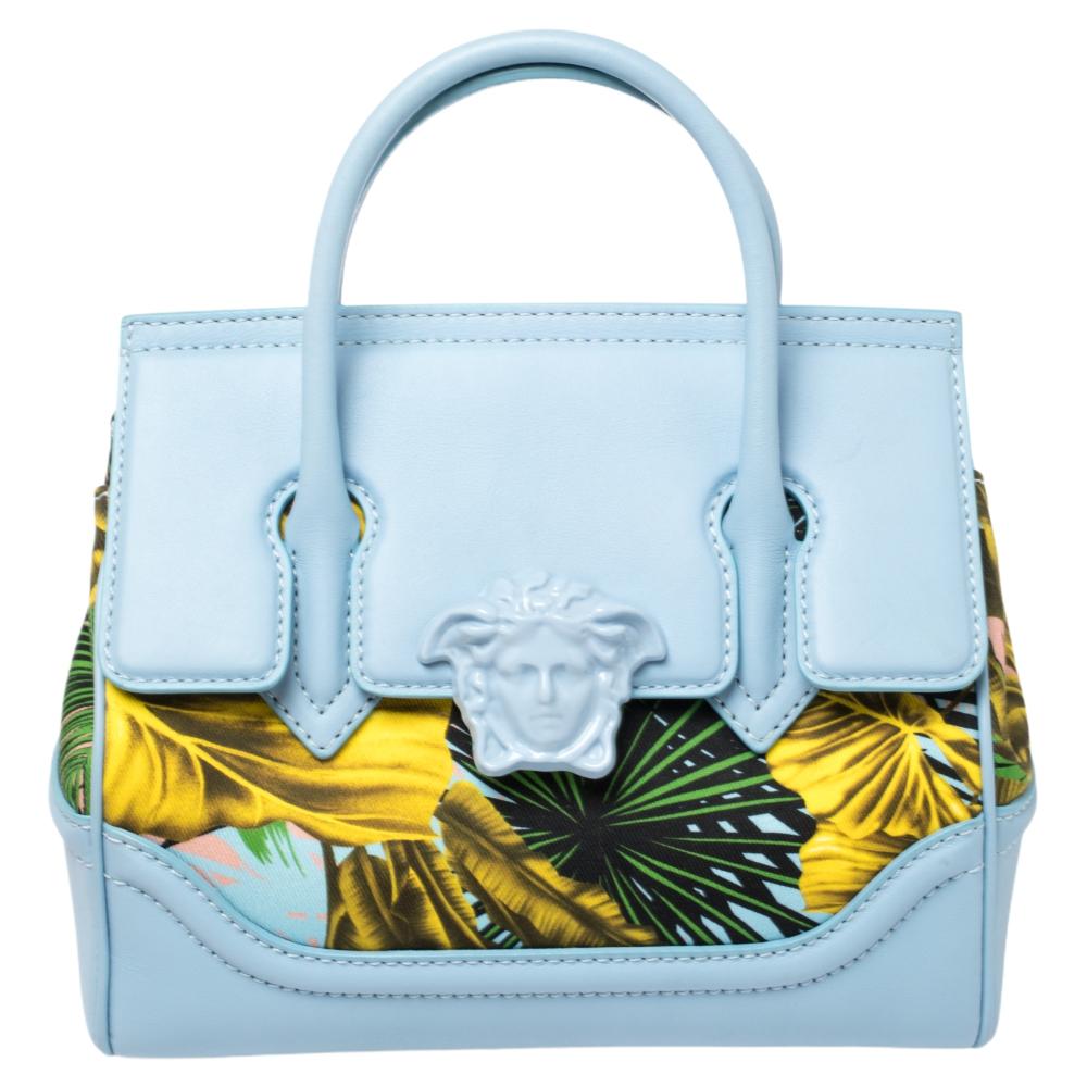 Versace Blue Leather And Desert Palm Print Fabric Palazzo Empire Satchel