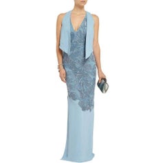 VERSACE Blue Leather Cutout Lace Embellished Gown IT40 US 2-4