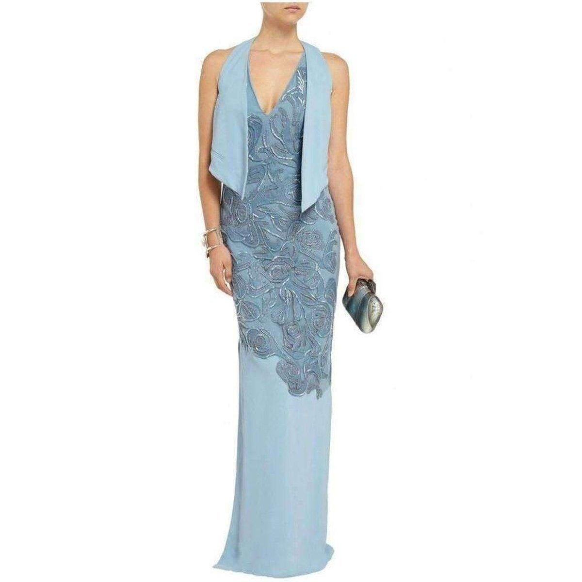 Versace Blue Leather Cutout Lace Embellished Gown IT40 For Sale 3