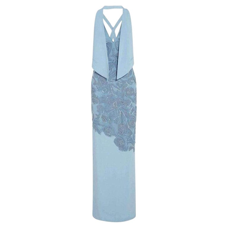 Versace Blue Leather Cutout Lace Embellished Gown IT40 For Sale at 1stDibs