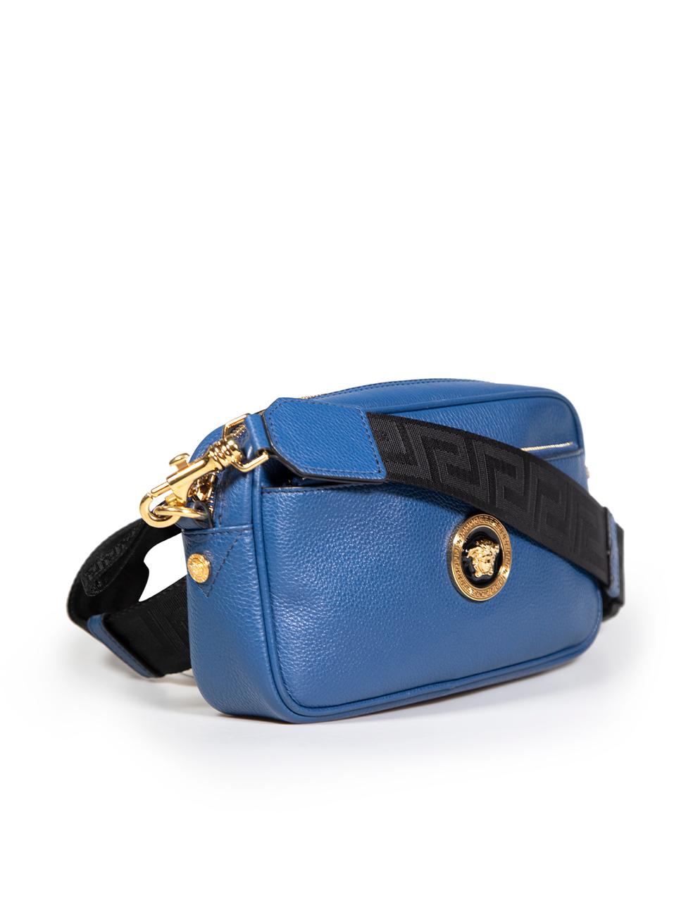 CONDITION is Very good. Hardly any visible wear to bag is evident on this used Versace designer resale item.
 
 Details
 Blue
 Leather
 Mini crossbody bag
 Gold tone hardware
 Detachable and adjustable strap
 Front logo plaque
 1x Main zipped
