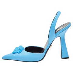 Versace Blue Leather La Medusa Slingback Pumps Size 38