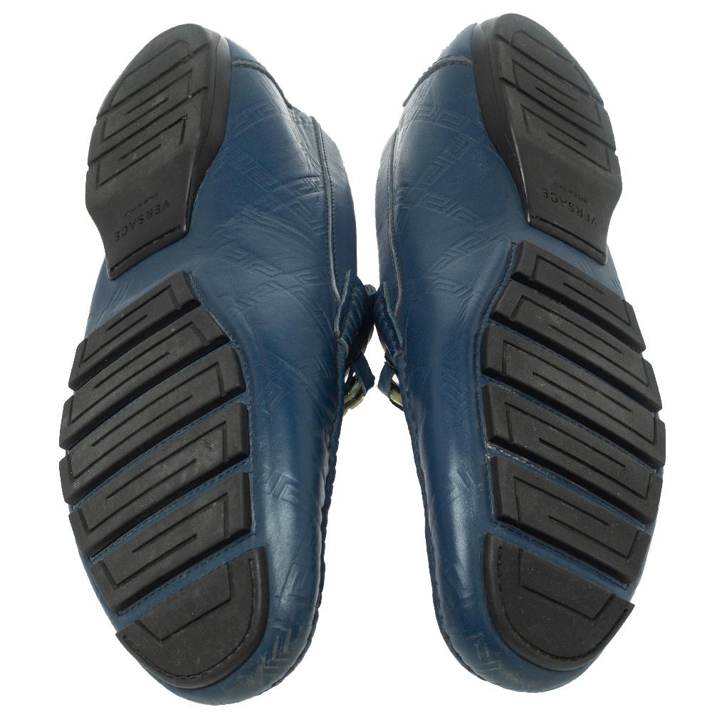 Men's Versace Blue Leather Meander Pattern Medusa Slip On Loafers Size 43