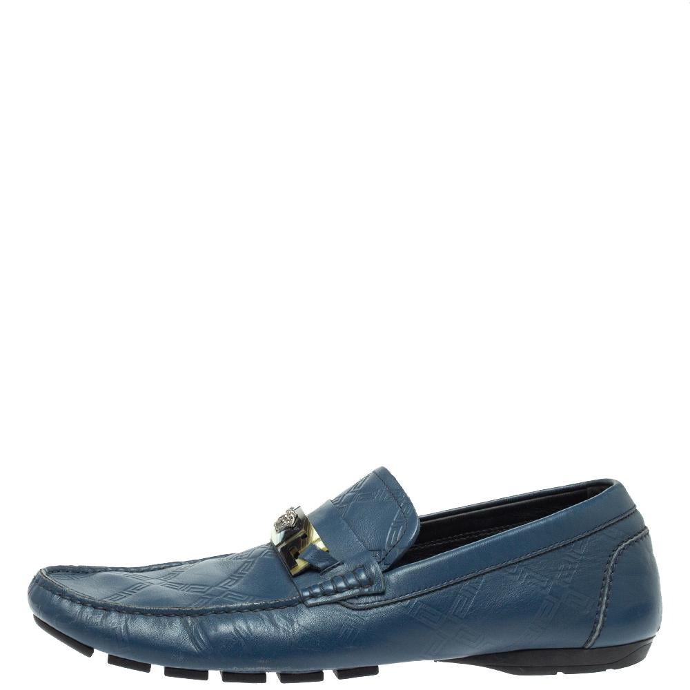Versace Blue Leather Meander Pattern Medusa Slip On Loafers Size 43 1