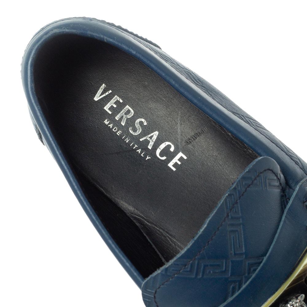 Versace Blue Leather Meander Pattern Medusa Slip On Loafers Size 43 2