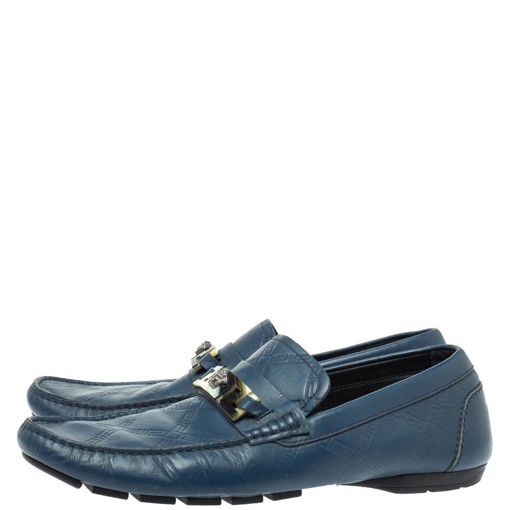 Versace Blue Leather Meander Pattern Medusa Slip On Loafers Size 43 3