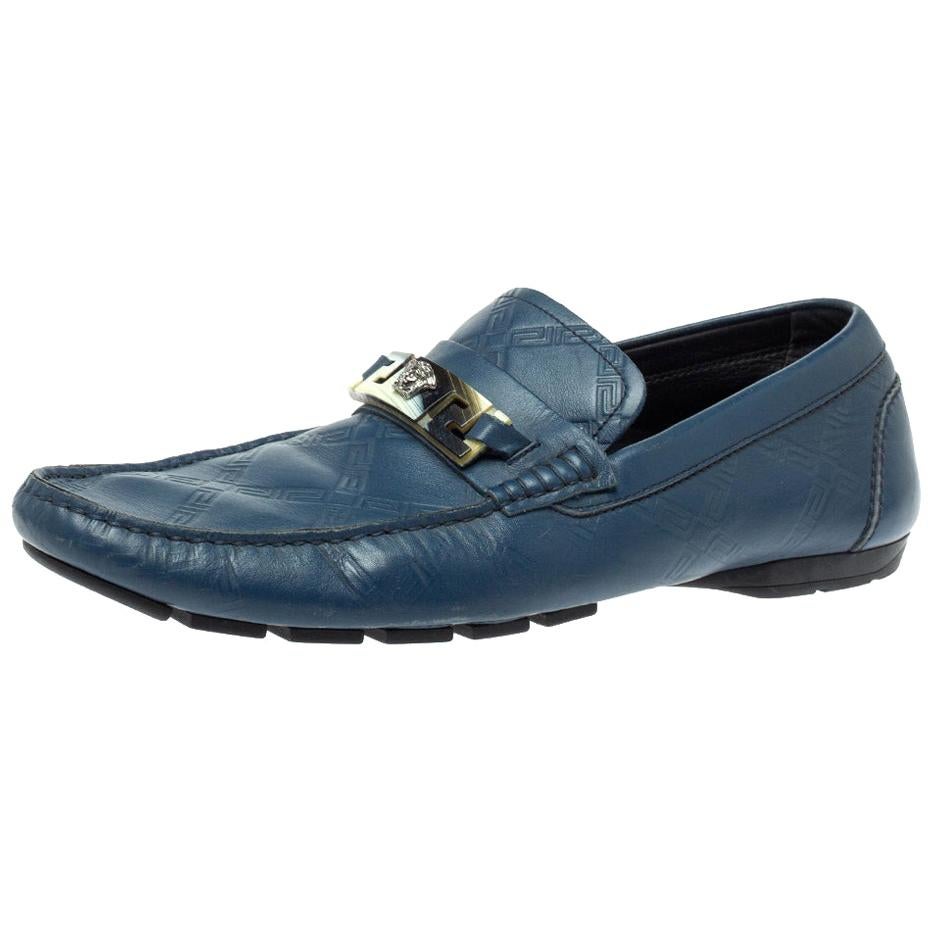 Versace Blue Leather Meander Pattern Medusa Slip On Loafers Size 43
