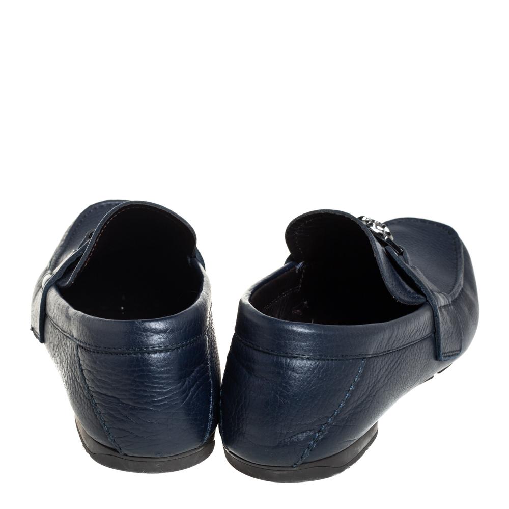 Black Versace Blue Leather Medusa Embellished Slip On Loafers Size 41