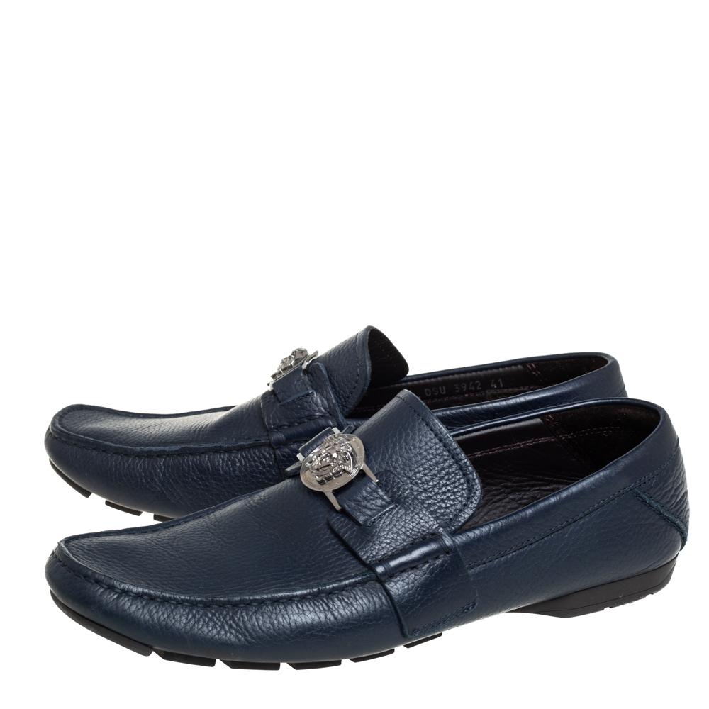 Versace Blue Leather Medusa Embellished Slip On Loafers Size 41 In Good Condition In Dubai, Al Qouz 2