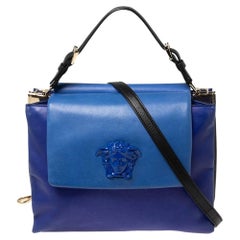 Versace Blue Leather Medusa Flap Top Handle Bag