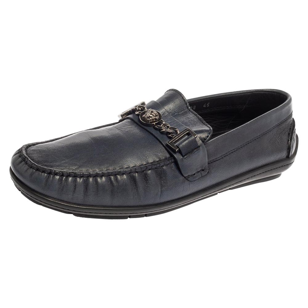 Versace Blue Leather Medusa Icon Chain Detail Loafers Size 45