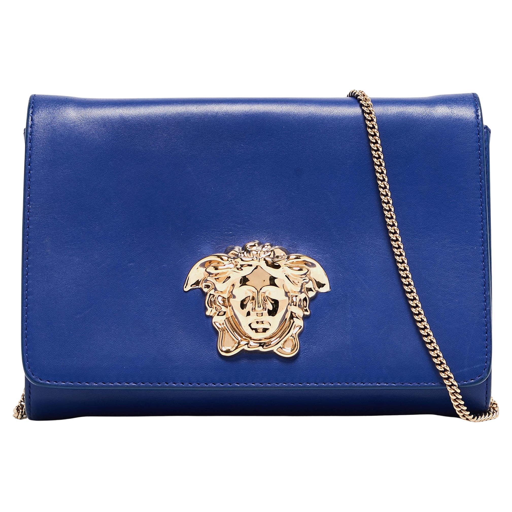 Versace Blue Leather Medusa Palazzo Shoulder Bag