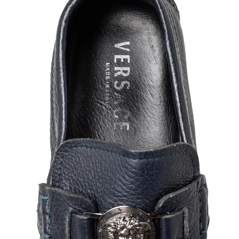 Men's Versace Blue Leather Medusa Slip on Loafers Size 42