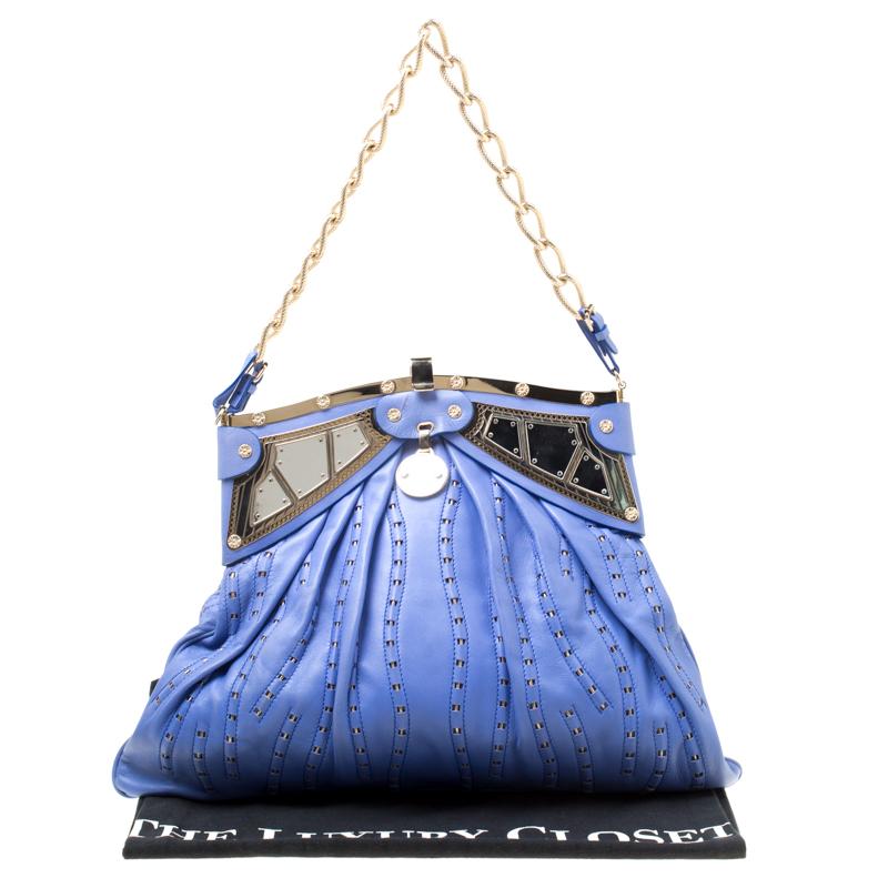 Versace Blue Leather Mirror Frame Chain Shoulder Bag 6