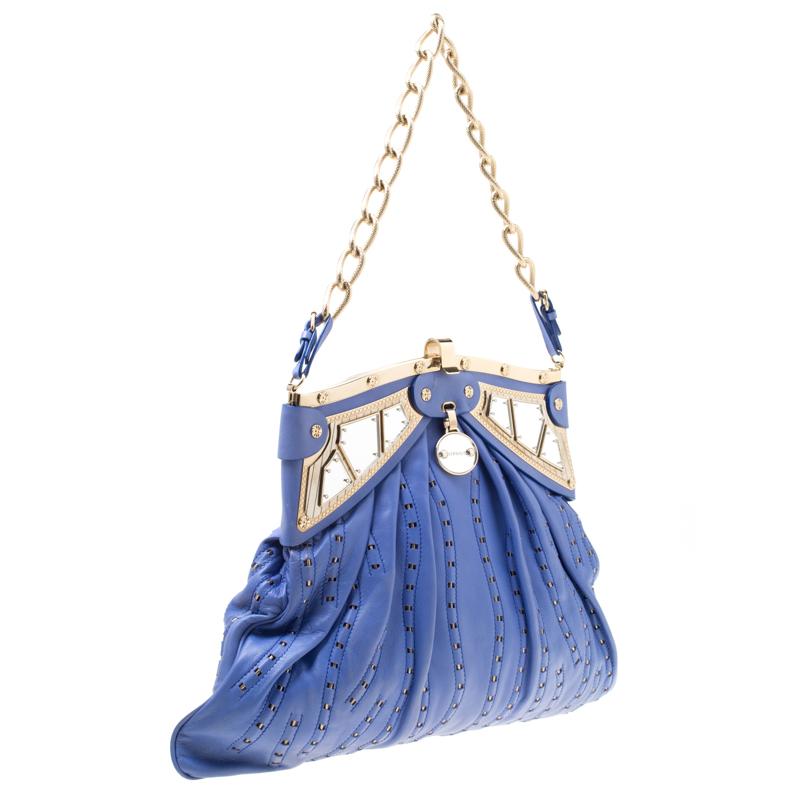 Versace Blue Leather Mirror Frame Chain Shoulder Bag In Excellent Condition In Dubai, Al Qouz 2