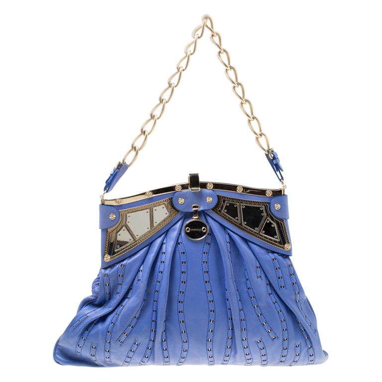 Versace Blue Leather Mirror Frame Chain Shoulder Bag