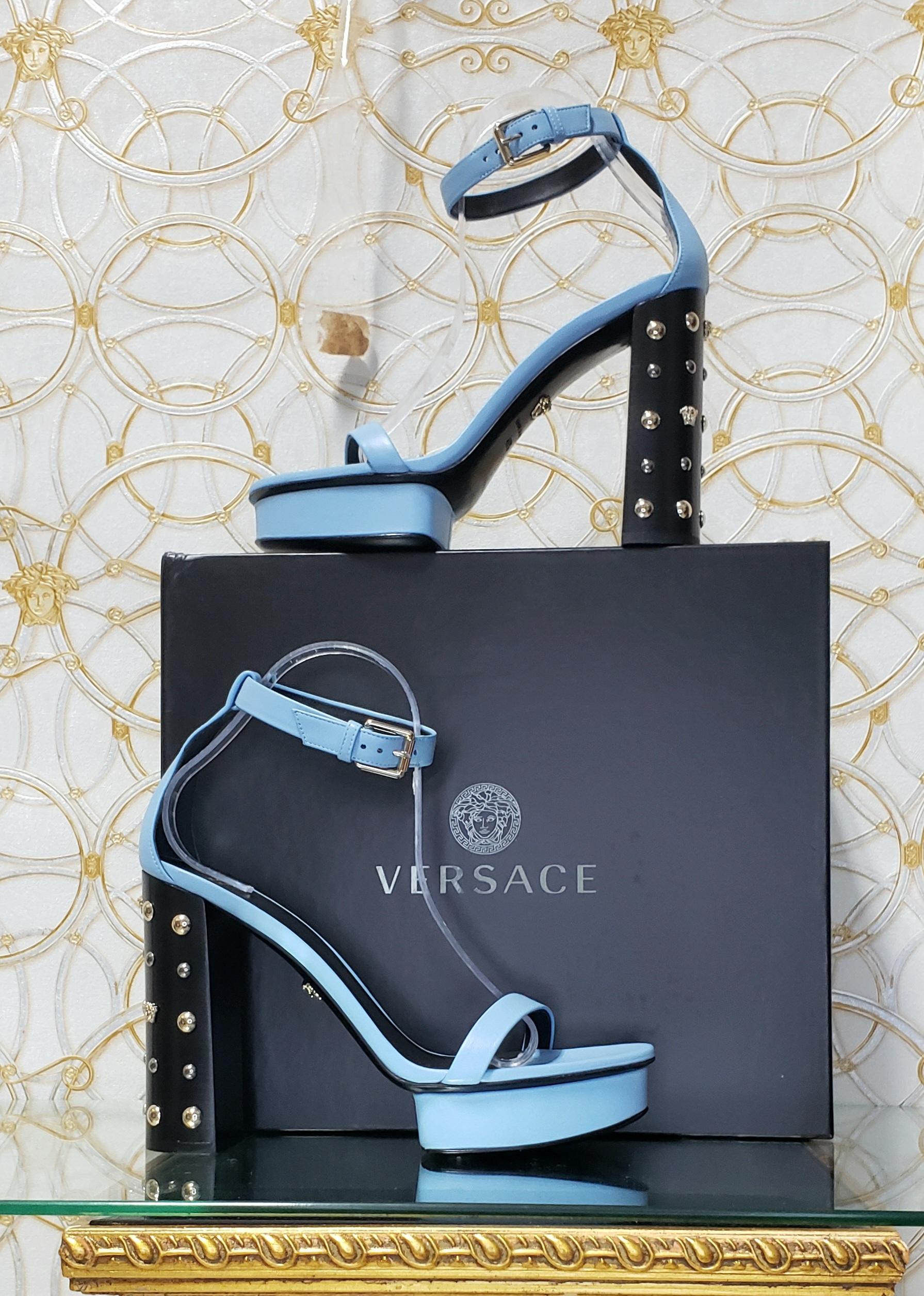 Women's VERSACE BLUE LEATHER SANDALS w/GOLD MEDUSA STUDS 7.5, 10.5