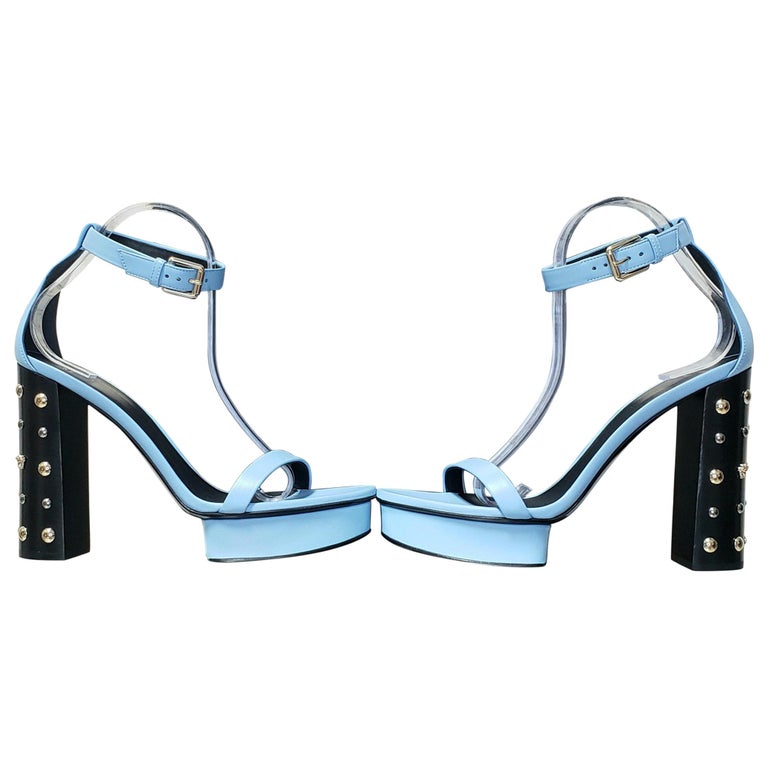 VERSACE BLUE LEATHER SANDALS w/GOLD MEDUSA STUDS 7.5, 10.5 For Sale at  1stDibs