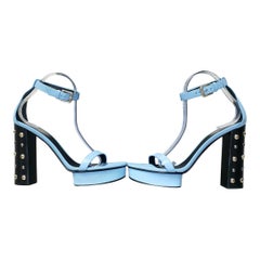 VERSACE BLUE LEATHER SANDALS w/GOLD MEDUSA STUDS 7.5