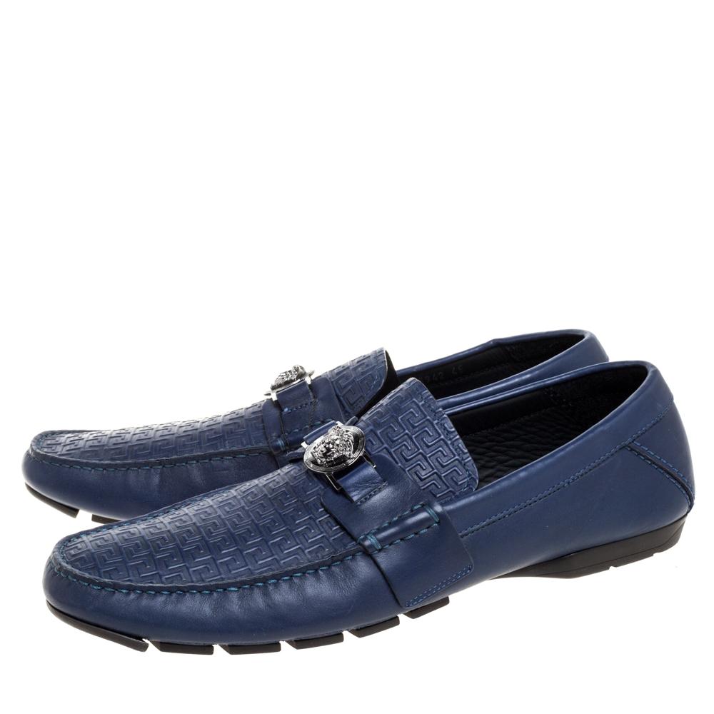 Versace Blue Logo Embossed Leather Medusa Loafers Size 45 at 1stDibs
