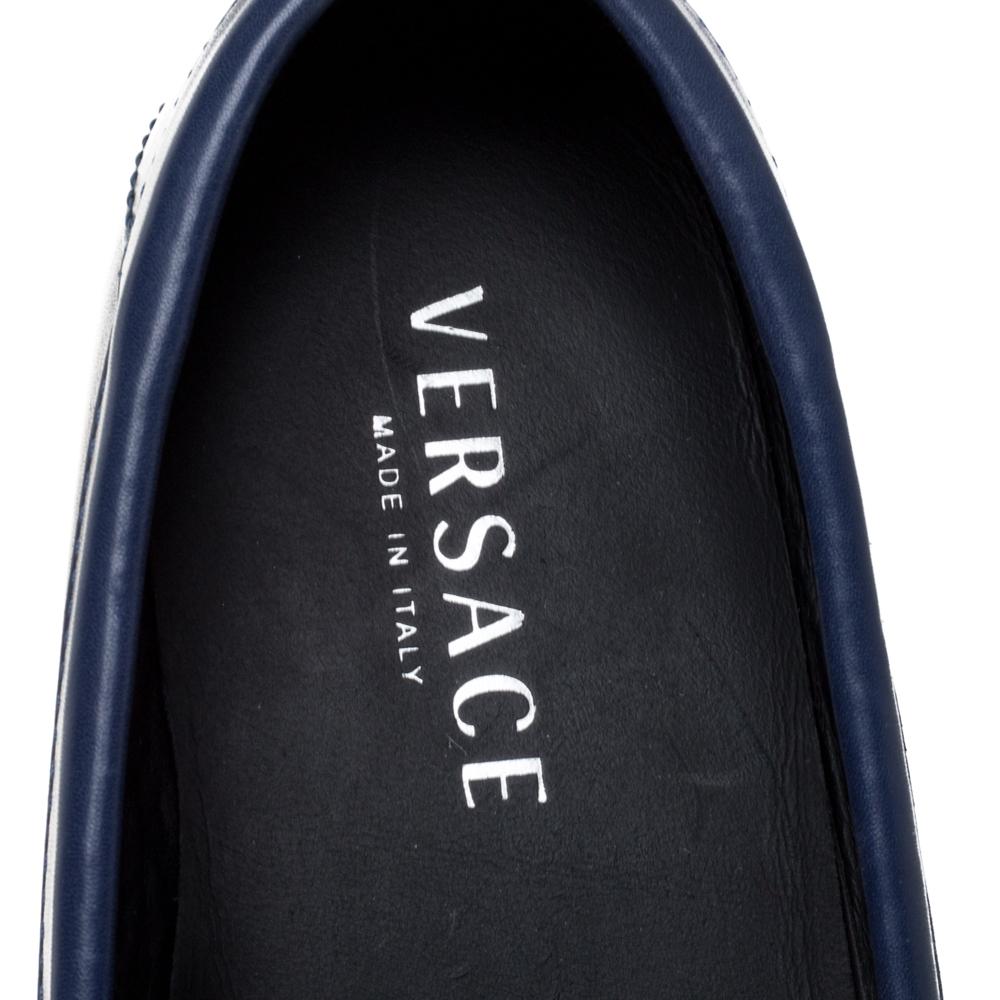 Versace Blue Logo Embossed Leather Medusa Loafers Size 45 In Good Condition In Dubai, Al Qouz 2