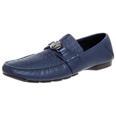 Versace Blue Logo Embossed Leather Medusa Loafers Size 45
