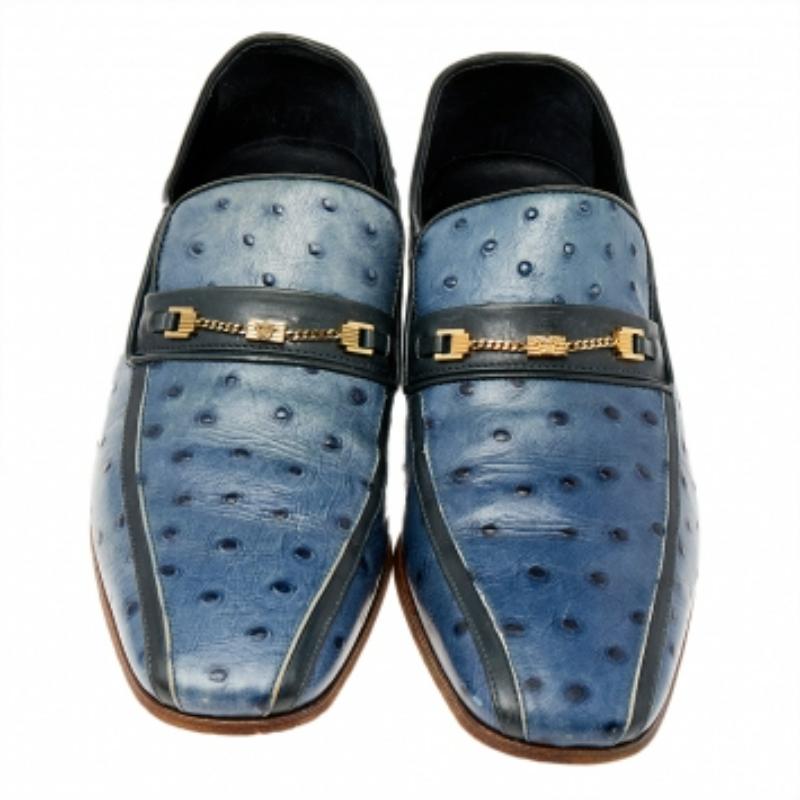 Versace Blue Ostrich Leather Medusa Chain Detail Loafers Size 41 In Fair Condition In Dubai, Al Qouz 2