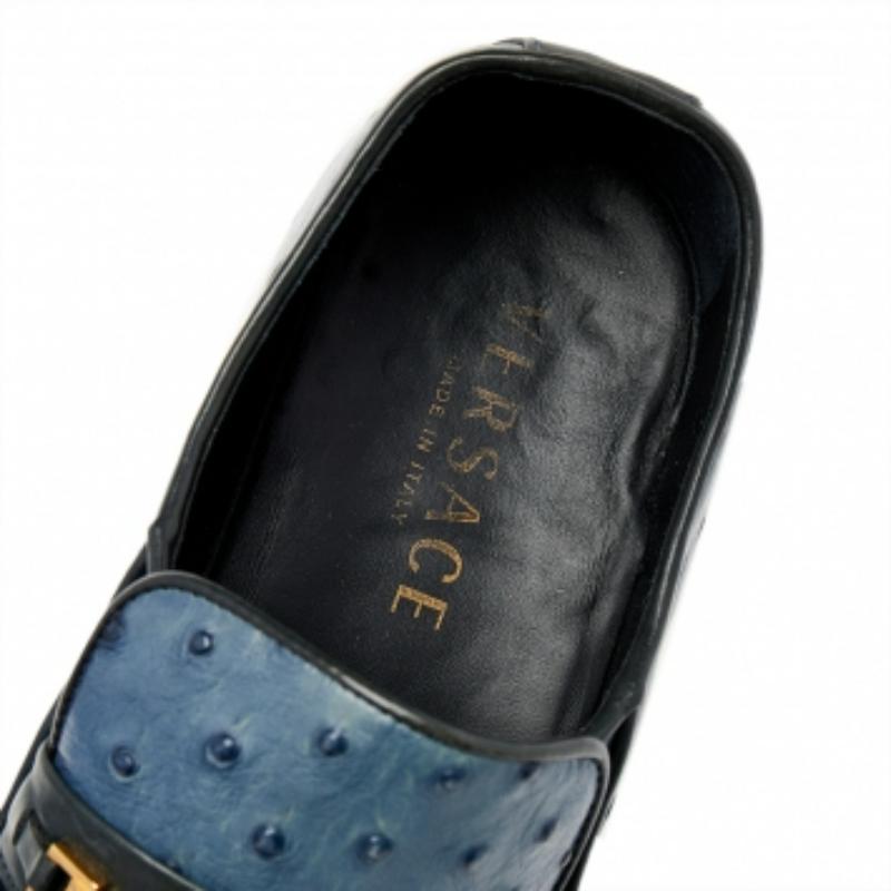 Men's Versace Blue Ostrich Leather Medusa Chain Detail Loafers Size 41