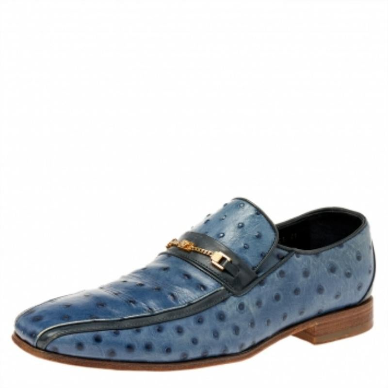 Versace Blue Ostrich Leather Medusa Chain Detail Loafers Size 41 1