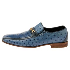 Versace Blue Ostrich Leather Medusa Chain Detail Loafers Size 41