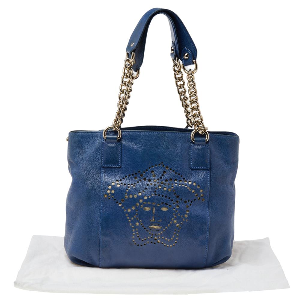 Versace Blue Perforated Logo Leather Chain Tote 4