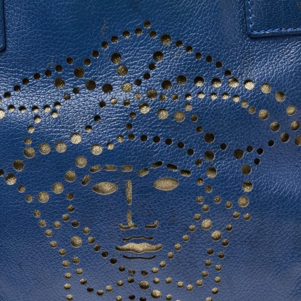 Versace Blue Perforated Logo Leather Chain Tote In Good Condition In Dubai, Al Qouz 2