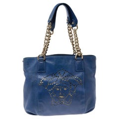 Versace Blue Perforated Logo Leather Chain Tote