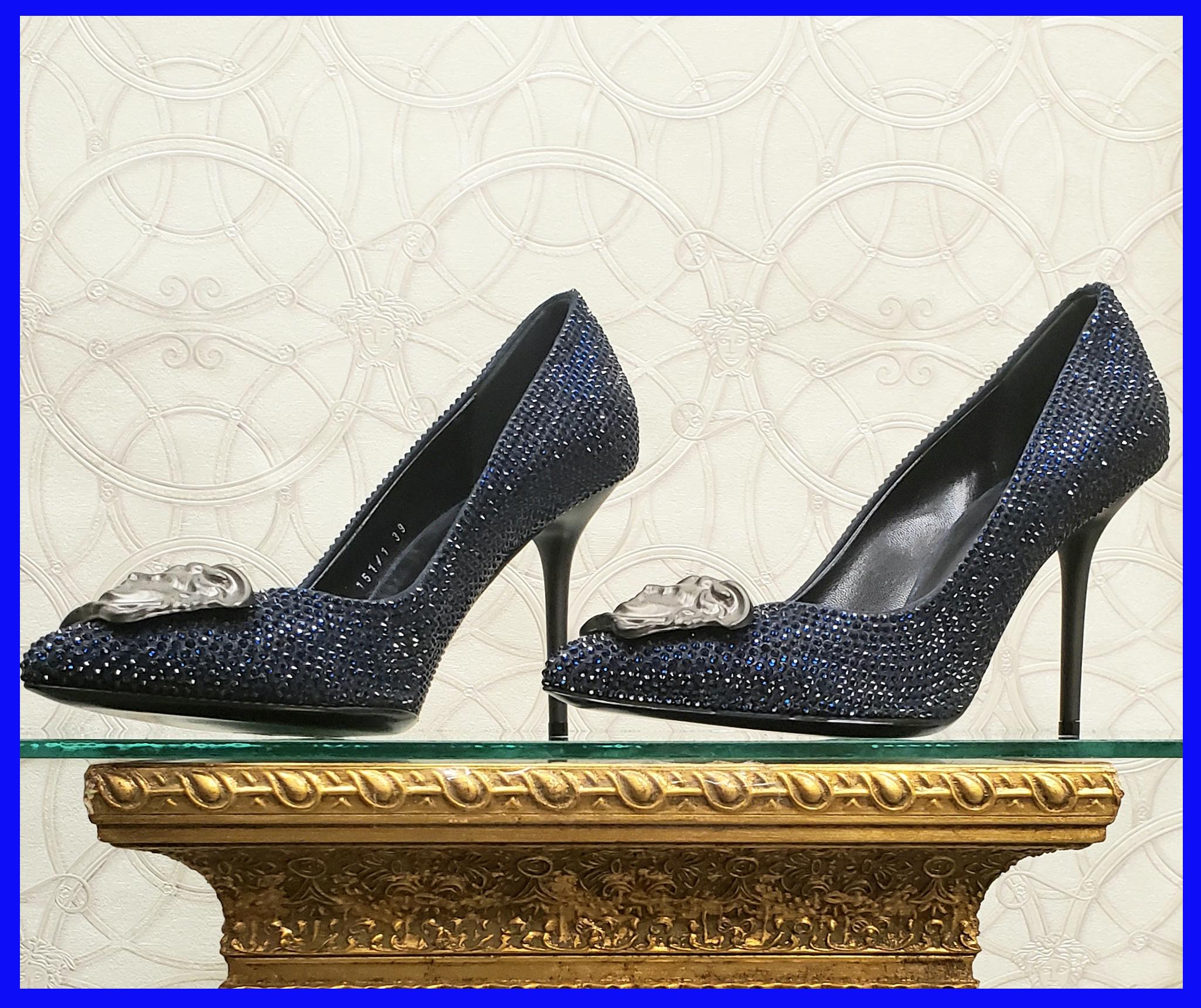 VERSACE BLUE SAPPHIRE CRYSTAL PALAZZO pump shoes Sz 39 For Sale