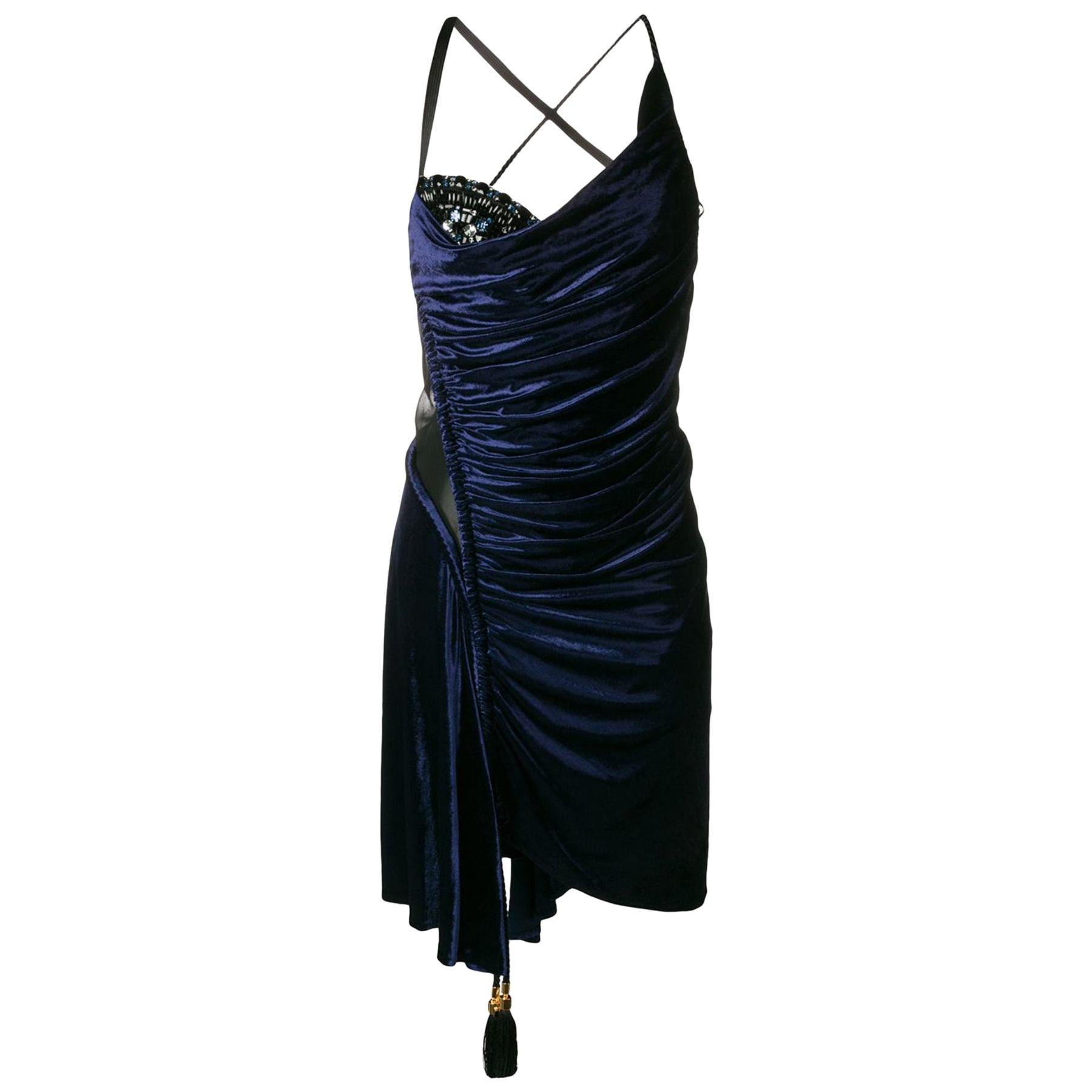 Versace Blue Silk Velvet Asymmetrical Fitted Cocktail Dress Size 40