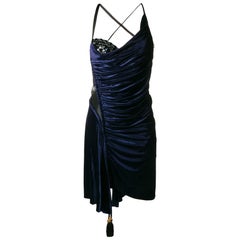 Versace Blue Silk Velvet Asymmetrical Fitted Cocktail Dress Size 40