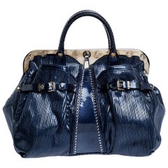 Versace Blue Striped Patent Leather Studded Frame Satchel