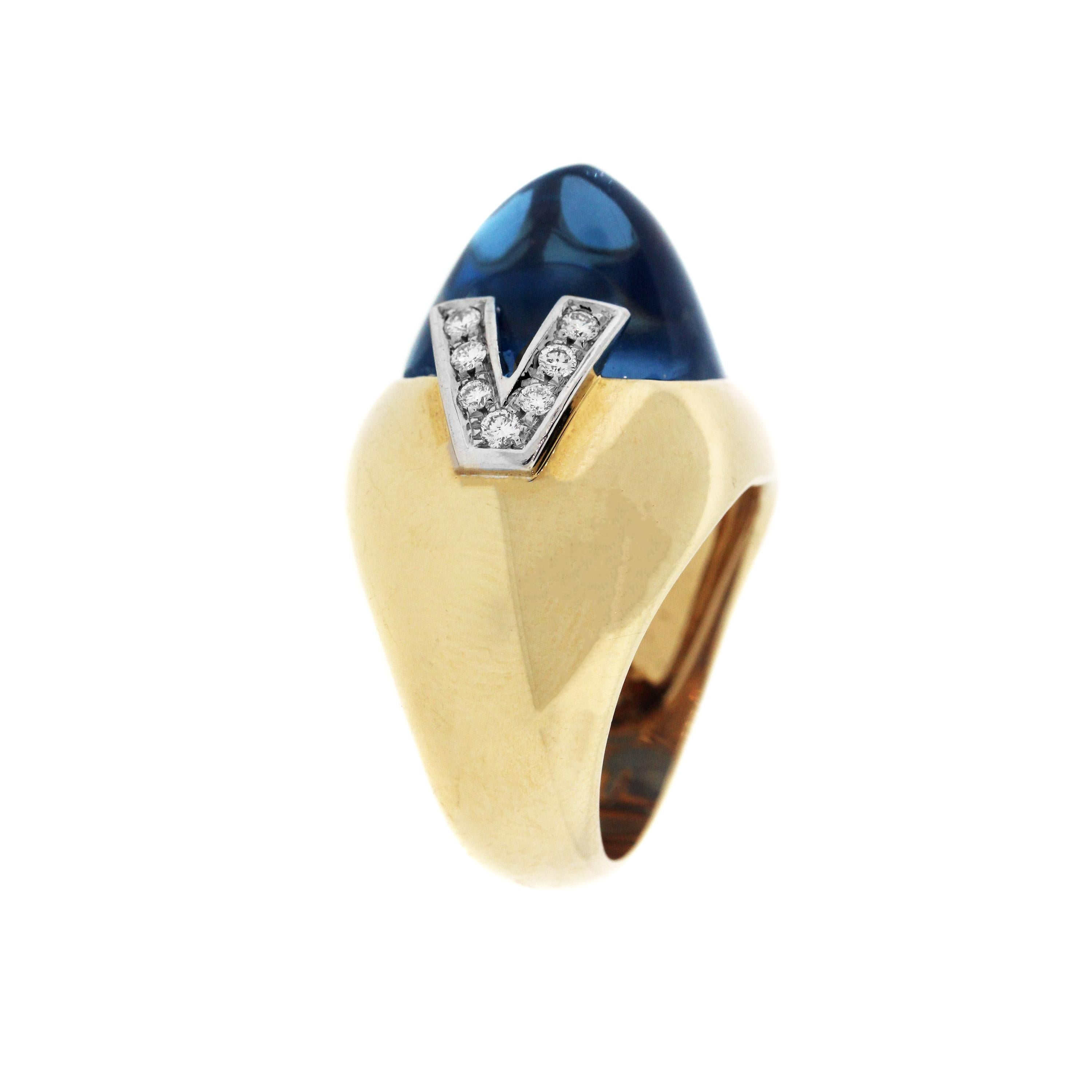 18K Yellow Gold Ring with Blue Topaz center and Diamonds

Center Blue Topaz apprx. 28 carat

Two symmetrical V's are seen on both sides of ring with round diamonds 0.37ct.  

Very rare design

Face of ring is 0.8 inch width. Band width is 0.4