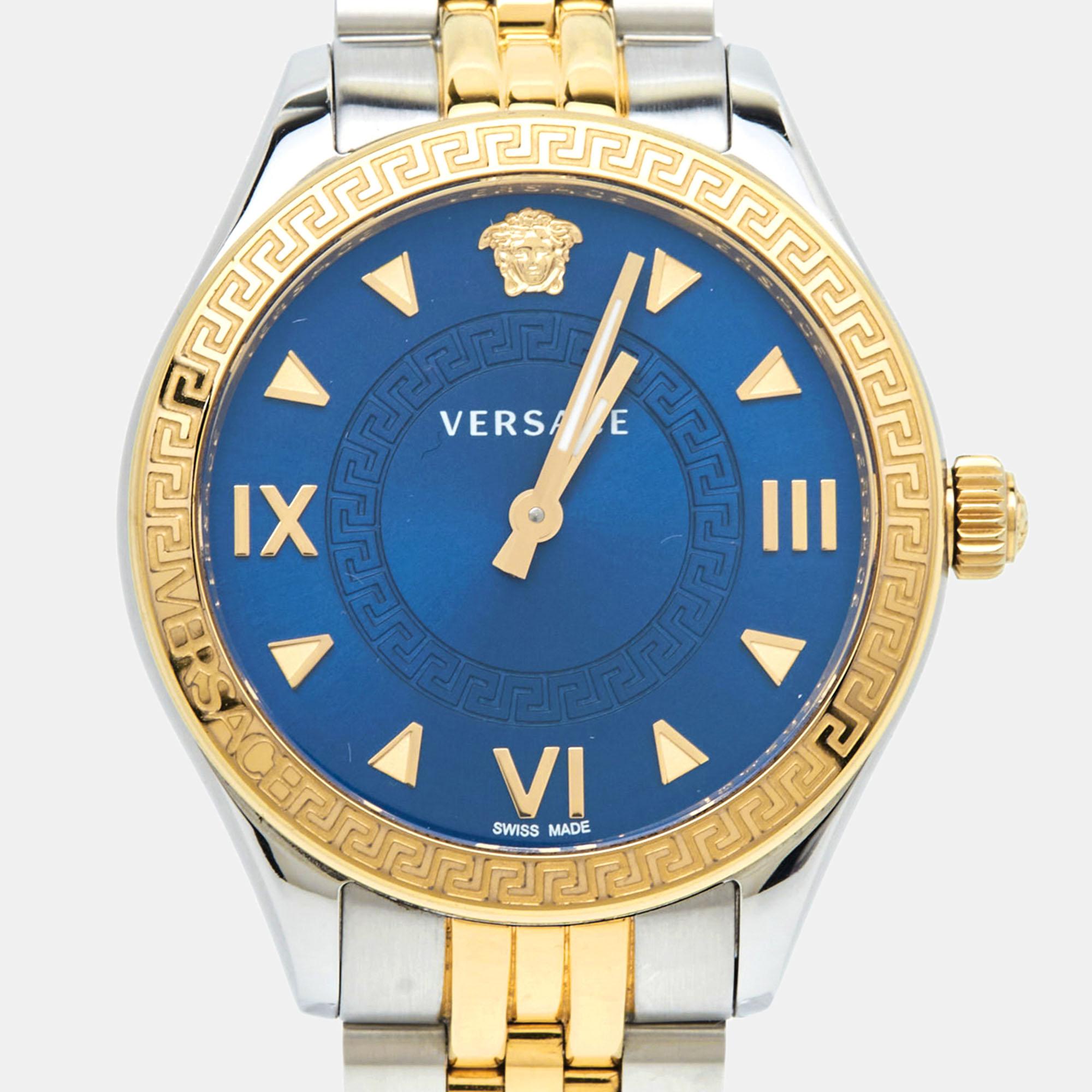 Aesthetic Movement Versace Blue Two-Tone Stainless Steel Hellenyium VE2S00522 Women's Wristwatch 35