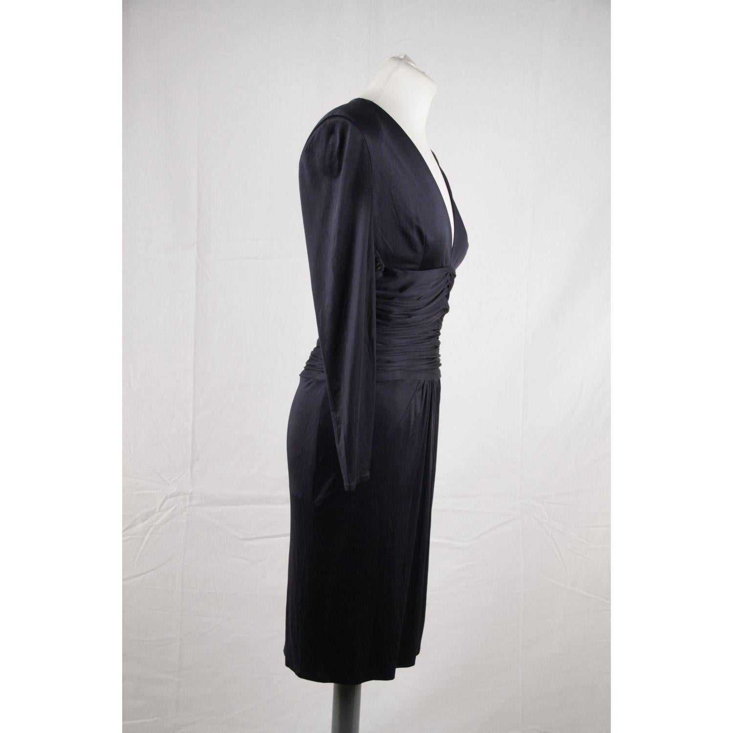 Black Versace Blue Viscose & Silk V neck Dress Long Sleeve Size 42